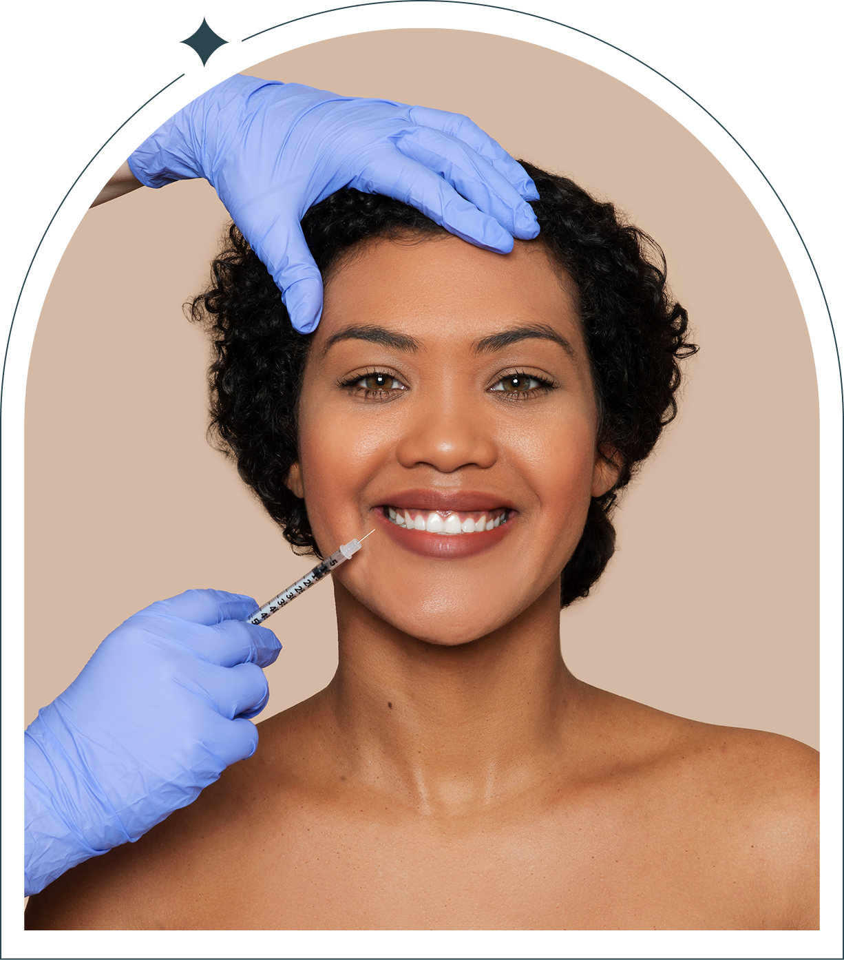 Smiling woman receiving cosmetic lip injection