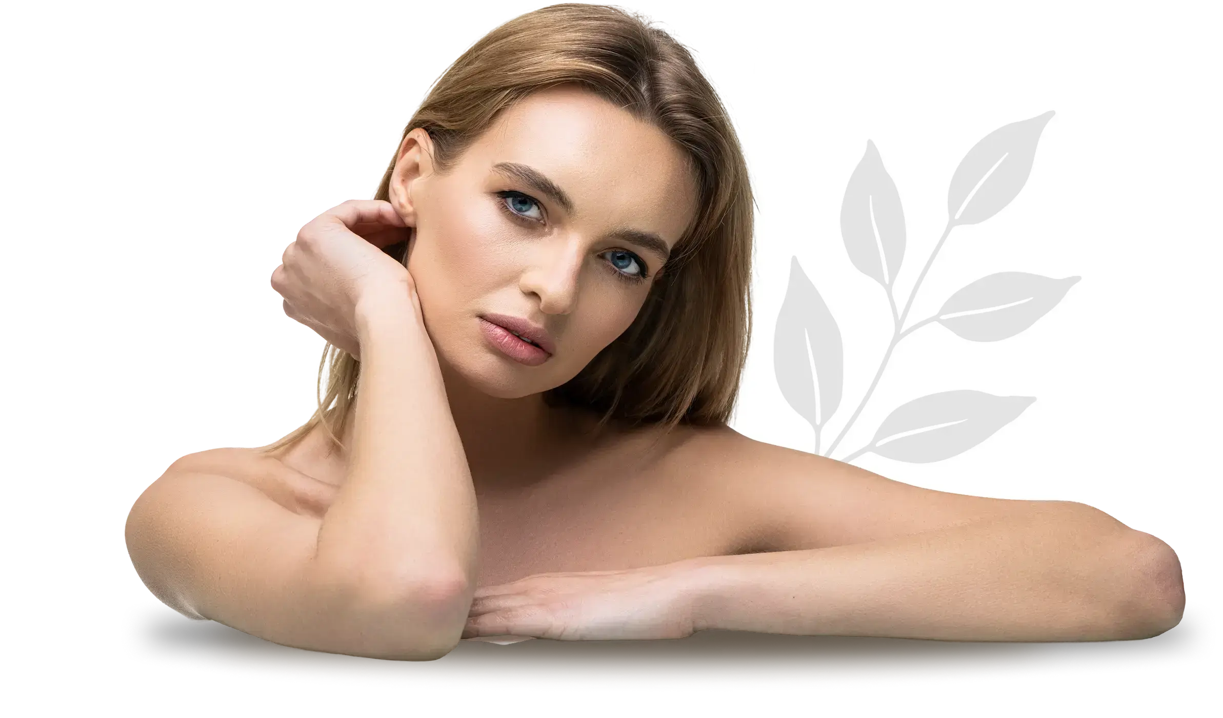 Woman posing with hand on shoulder, leaves background.