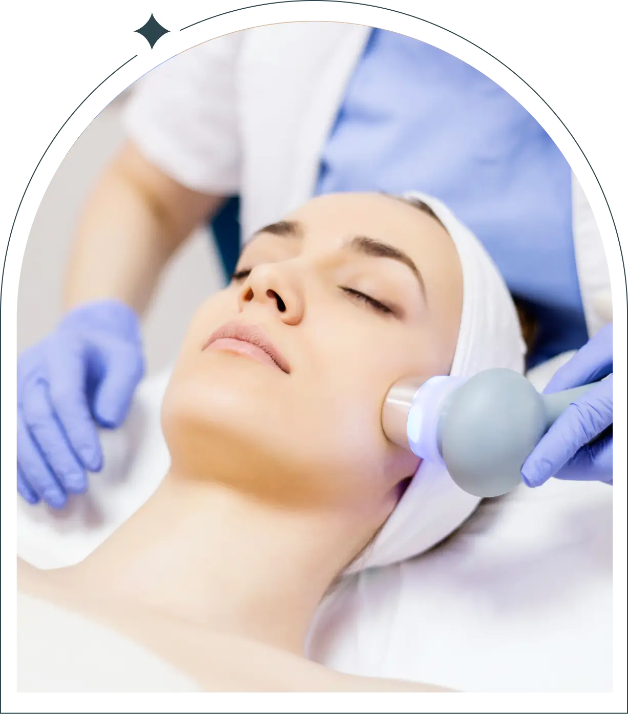 Client relaxed during aesthetic facial device treatment
